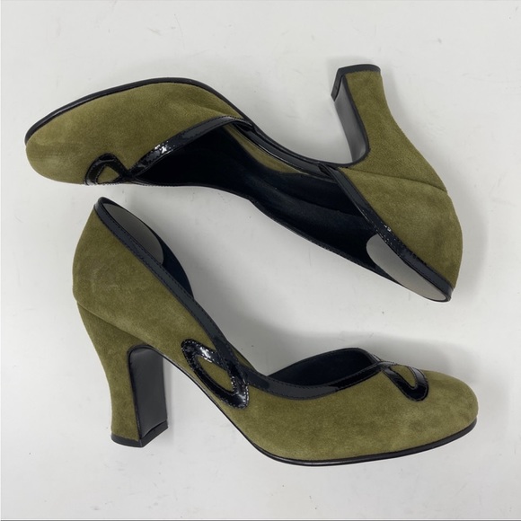 John Fluevog Miracles Cana Olive Green Suede Pumps Black Patent Details Size 9 - Picture 4 of 10